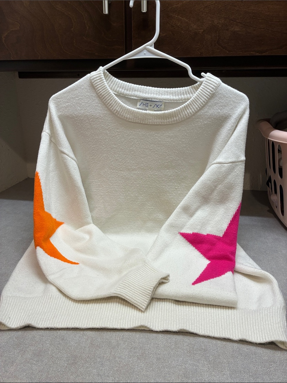 She + Sky Cream Crewneck Sweater with Orange & Pink Star Sleeves